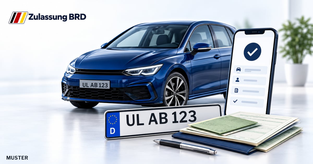 Online Fahrzeugzulassung in Langenau: Musterkennzeichen UL AB 123, Auto und Fahrzeugpapiere und Smartphone. Illustration mit Logo von Zulassung BRD.